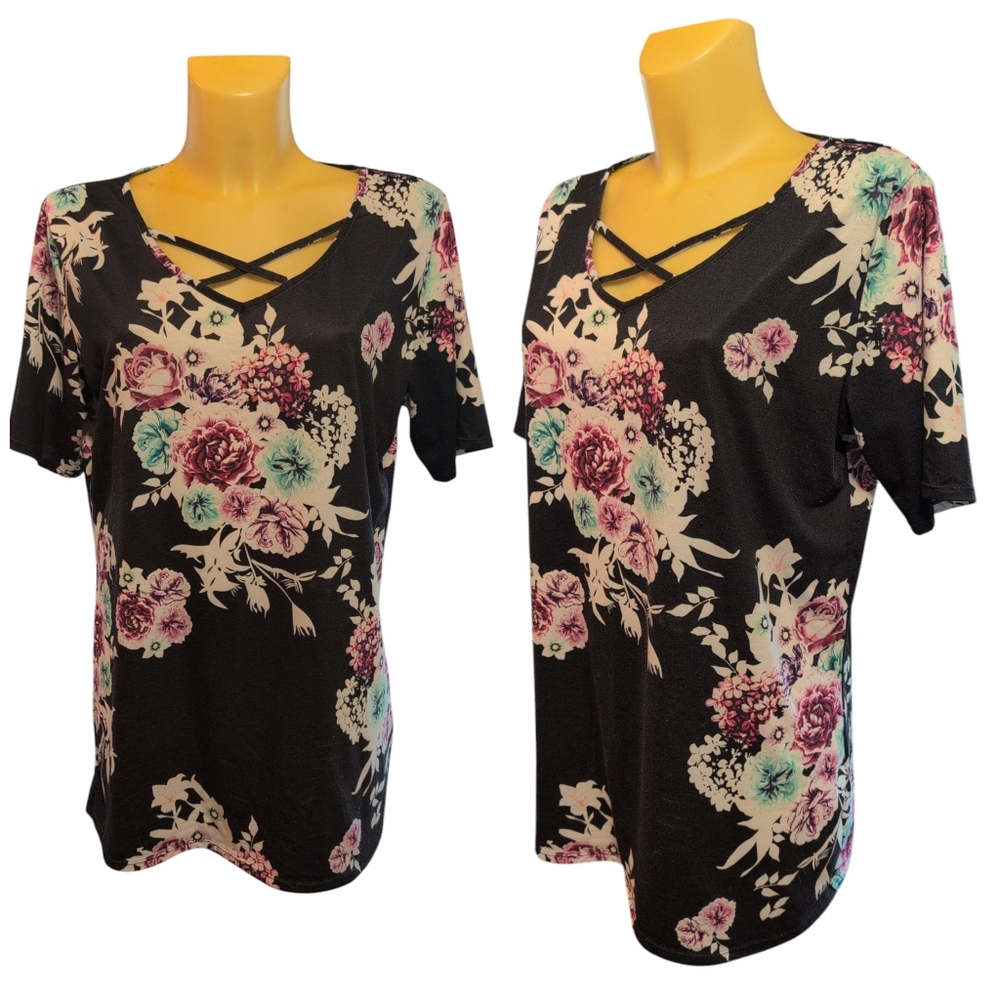 Black Pink Green White Floral Stretchy Tee With Strappy Detail